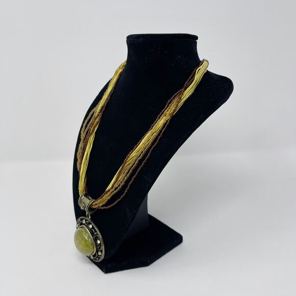 Multilayered Beaded Statement Necklace with Large Pendant Yellow Brown Green - Picture 6 of 7